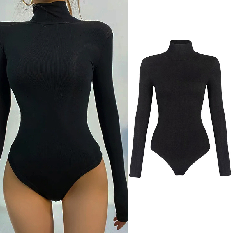 Autumn and Winter New High Collar Sleeve Base Shirt Slim-fit Stretch Body-shaping Crotch jumpsuit Long Sleeve Pullover T-shirt