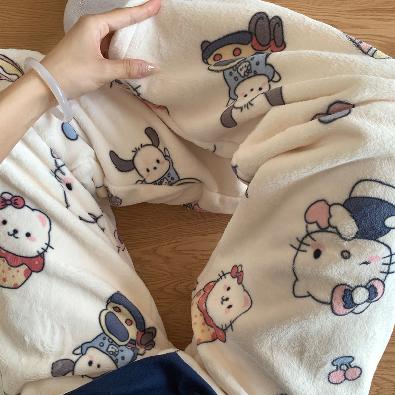 Invierno nuevo pijama de franela de dama dulce lindo y espeso de peluche dibujos animados Baby Esponja pantalones caseros para usar