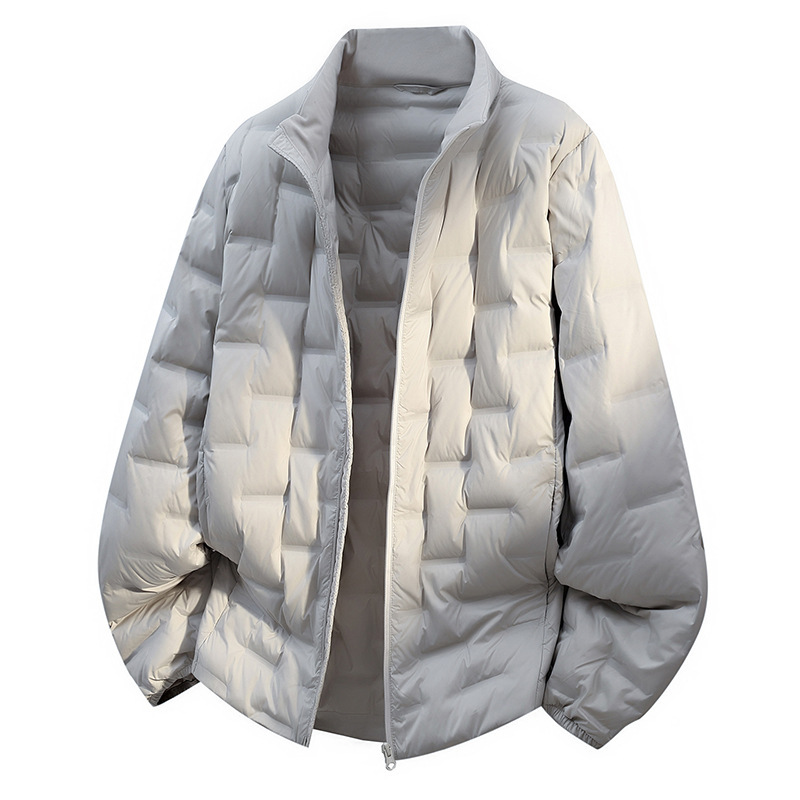 Men's Winter down Jacket with Stand Collar, Loose Fit, Lightweight, Ultra-Light, Short Style, Plain Design, Two-Way Zipper # 90% White Duck down