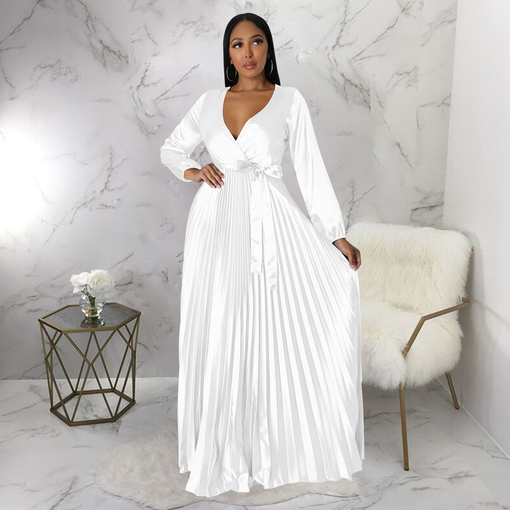 Regular Fit Fit Type Wholesale Women's Elegant Solid Color Party V Neck Long Sleeve Swing Dress