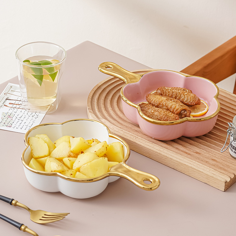 Nórdico de cerámica encaje tazón creativo red oro rojo borde fideos tazón con mango ins estilo hogar ensalada fruta postre tazón