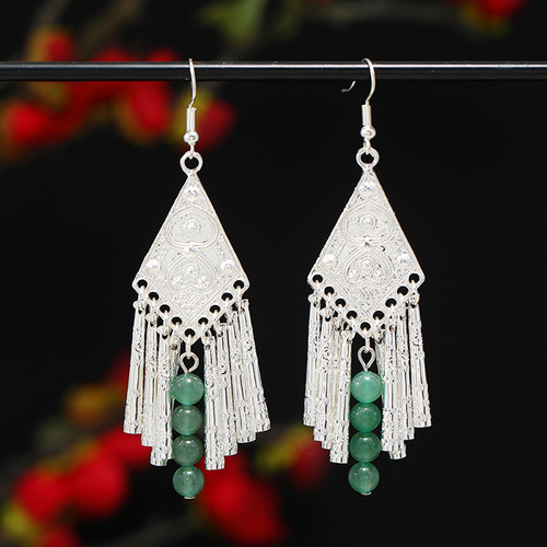 New Chinese style national style Miao silver earrings original niche retro aventurine earrings long tassel ethnic style earrings for women