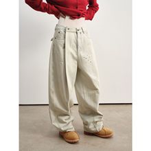 [识时]新品棉质混纺水洗破损磨毛解构设计叠片刺绣牛仔裤女V9653