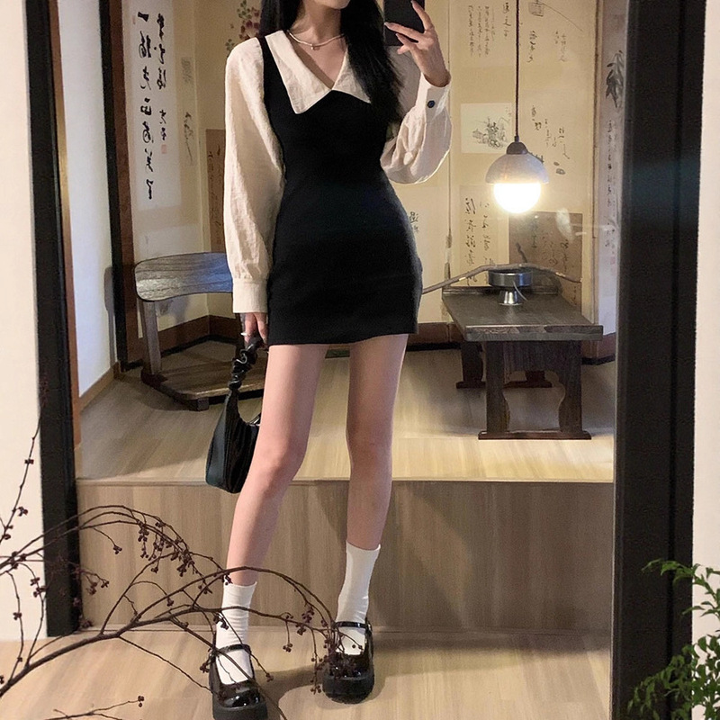 2026 Autumn and Winter French Style Doll Collar College Style Spliced ​​Fake Two-Piece Contrast Color Long Sleeve Slim Dress for Women