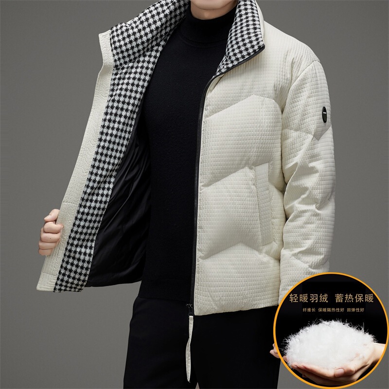 Men's mid-length down jacket, winter youth style, stand-up collar, thickened, 90% white duck down, model 823-3J, black and white Men's mid-length down jacket, winter youth style, stand-up collar, thickened, 90% white duck down, model 823-3J, black and white