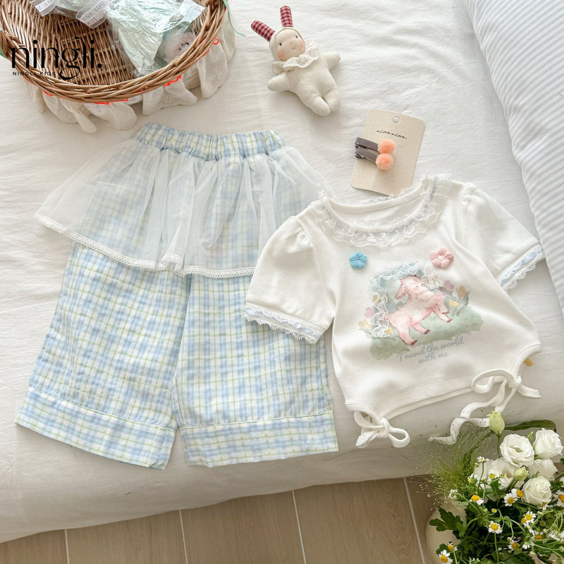 Ningli Girls' Sports Short-Sleeved Suit Summer New Style Casual Casual Clothes for Baby Girls Kidsren's Summer Two-Piece Set