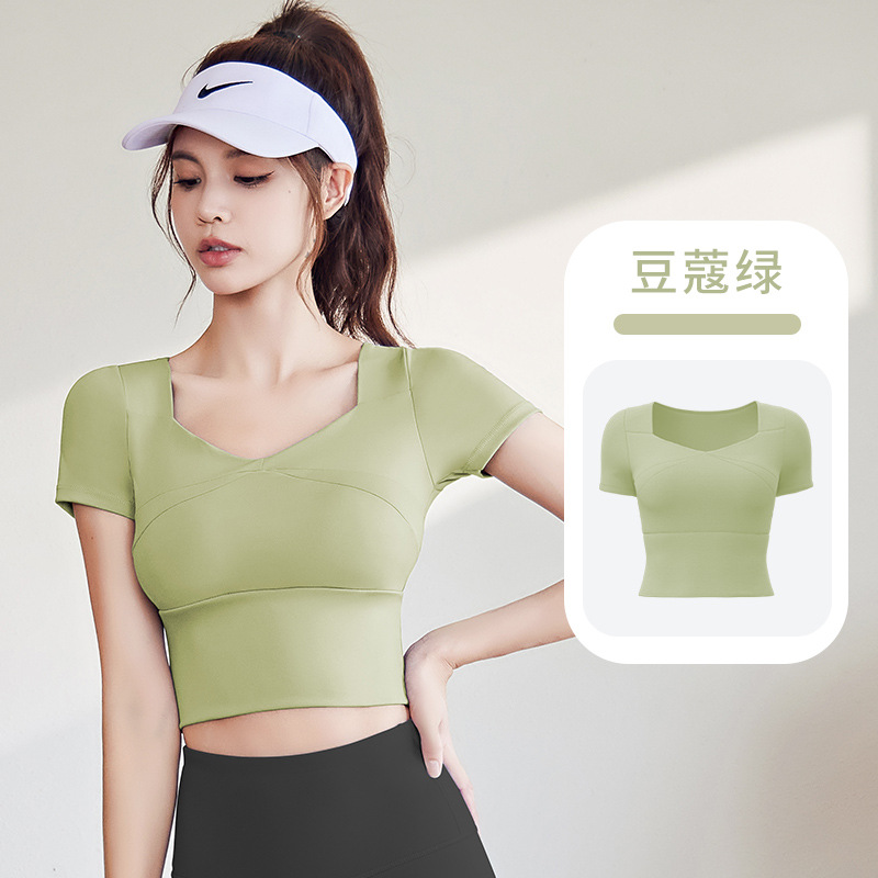 Juyitang costura ropa de Yoga de secado rápido con almohadilla en el pecho yoga manga corta sensación desnuda slim fit adelgazamiento deportes fitness top
