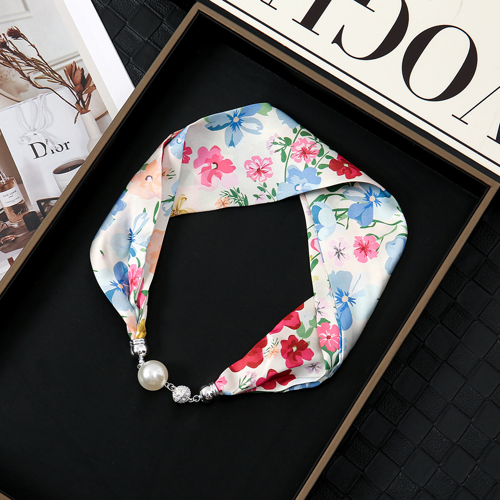 Pañuelo de seda con hebilla magnética de diamantes con incrustaciones de perlas collar mujer retro todo fósforo moda bufanda fina hebilla autocebante babero al por mayor