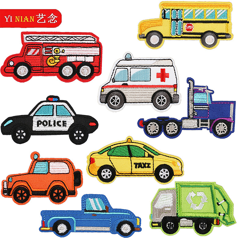 Coche de dibujos animados bordado pegatinas de tela Coche de ingeniería ropa para niños parche pegatinas bordado de computadora Zhang Zi Ropa Decoración camión de bomberos