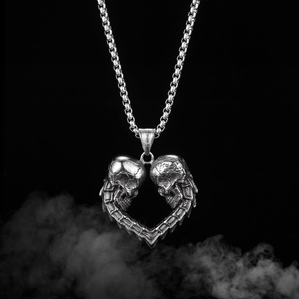 Collana con teschio e cuore in acciaio inossidabile punk_voghion.com