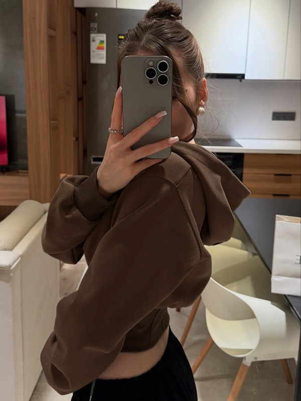 欧美舒适休闲纯色简约连帽卫衣跨境新款紧身辣妹短款显瘦运动外套|undefined