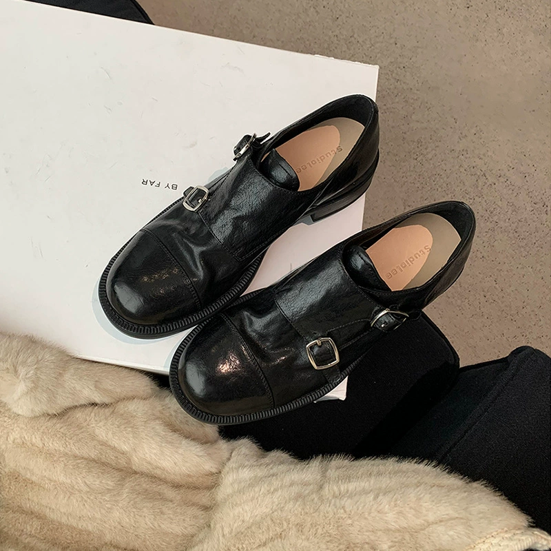 В наличии и отправляются немедленно~ Женские кожаные туфли в стиле Grape Mom, из умягченной кожи, с двойной пряжкой, круглым носком, на массивном каблуке, в ретро-стиле, универсальные, в британском стиле.
