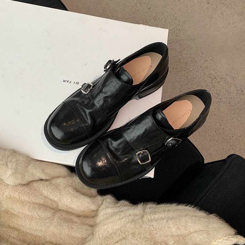 Grape Mom studiolee Hatton College ~ Shrink Horse Leather Double Buckle Round Head Thick Heel All-match British Style Leather Shoes Women Grape Mom studiolee Hatton College ~ Shrink Horse Leather Double Buckle Round Head Thick Heel All-match British Style Leather Shoes Women