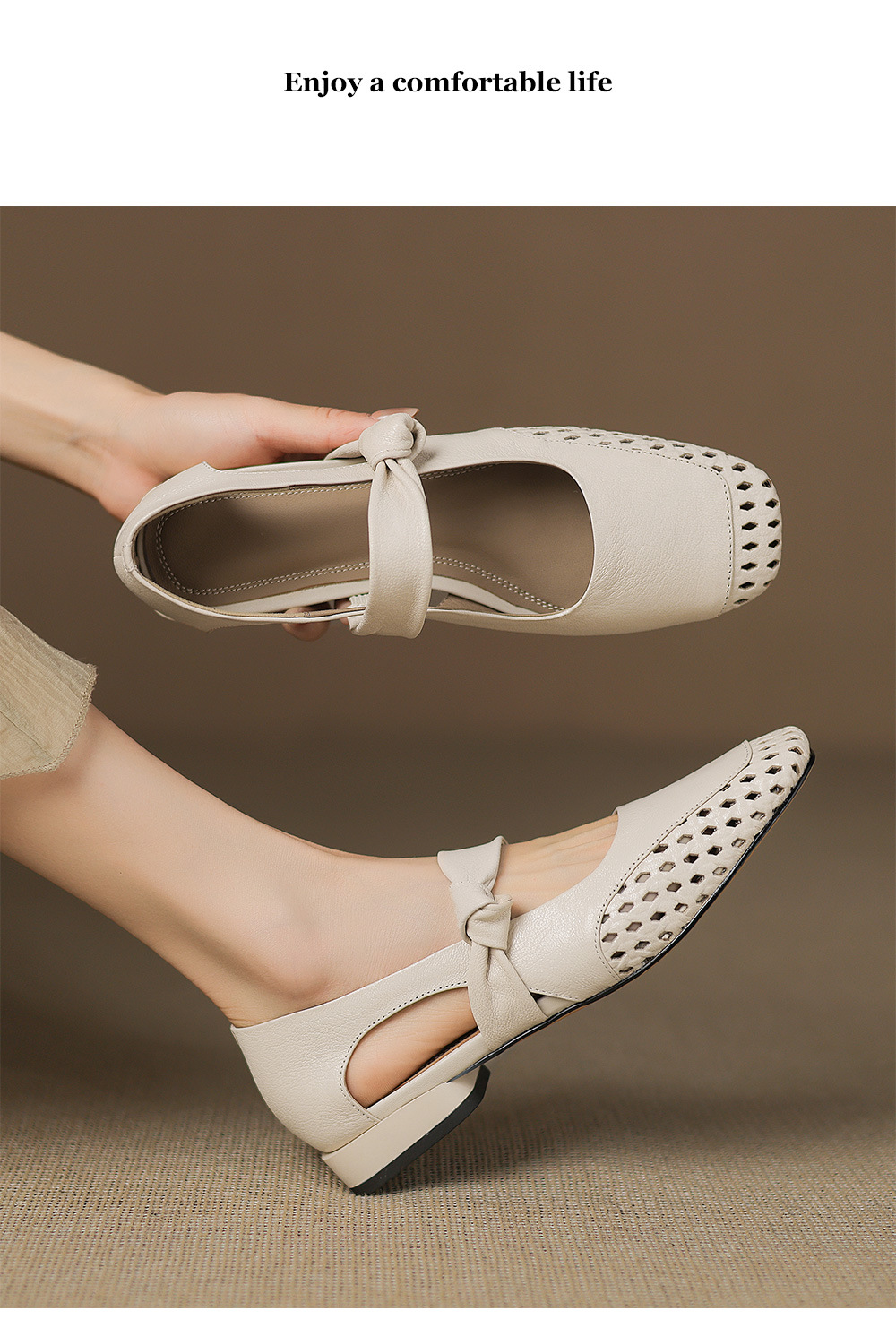 Sandal nữ mũi nhọn da dê đục lỗ gót thấp 2 cm, miệng nông hở mũi — đen chi tiết 2