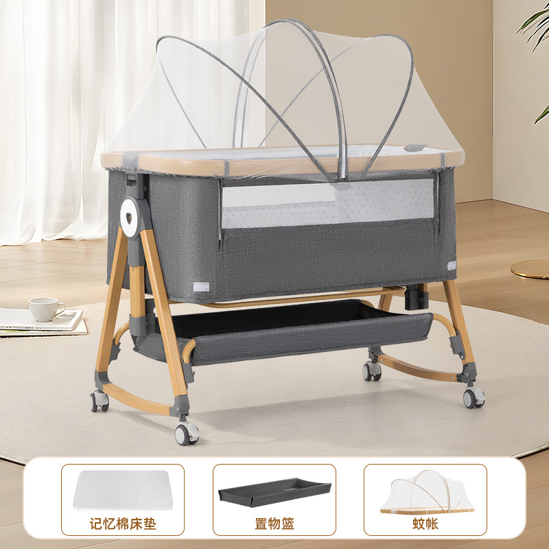 Cama de cuna plegable móvil ajustable de altura, cama de bebé portátil, cama de empalme para bebé multifuncional