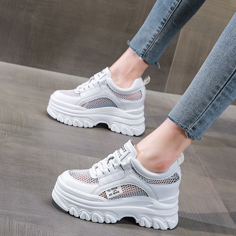 Wear-Resistant Mesh Inner Height-Increasing White Sneakers for Women 2024 Spring and Summer New Style Dad Shoes Breathable Thick-Soled Platform Casual Shoes for Women