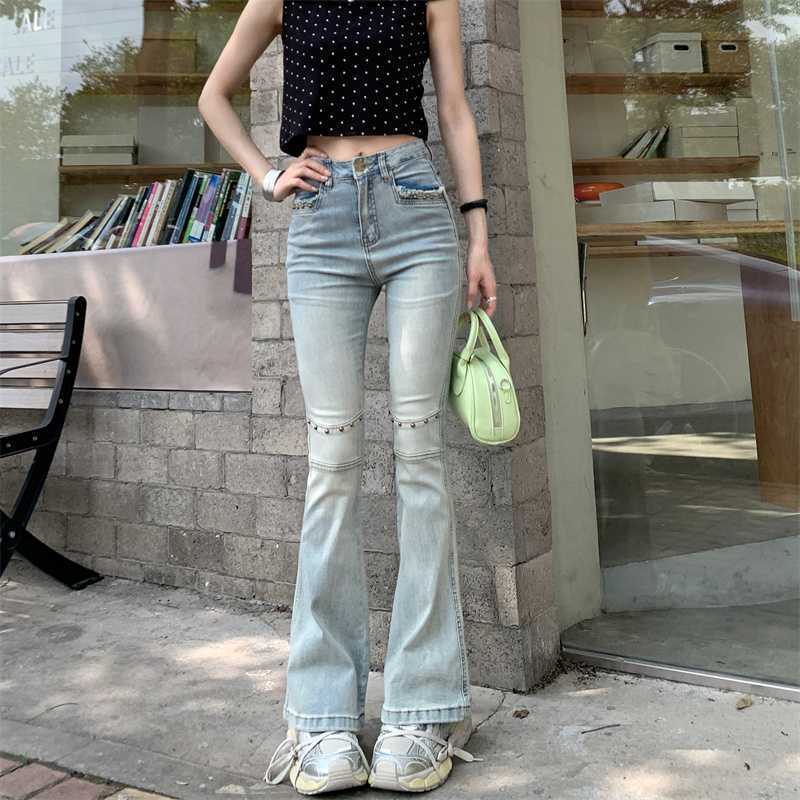 High-Waisted Slimming Retro Rivet Stretch Pants, Cartoon-Leg American Design Flared Jeans Wholesale Dropshipping