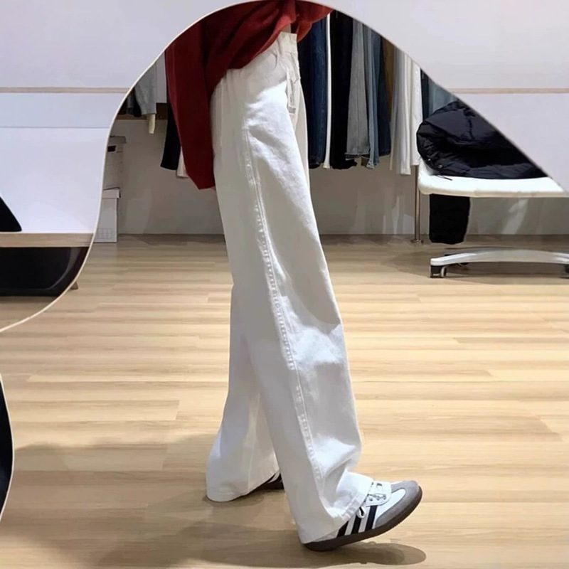 Plus-Size White High-Waisted Straight-Leg Jeans for Women, 2026 Spring New Style, Petite, Drapey Wide-Leg Floor-Length Pants