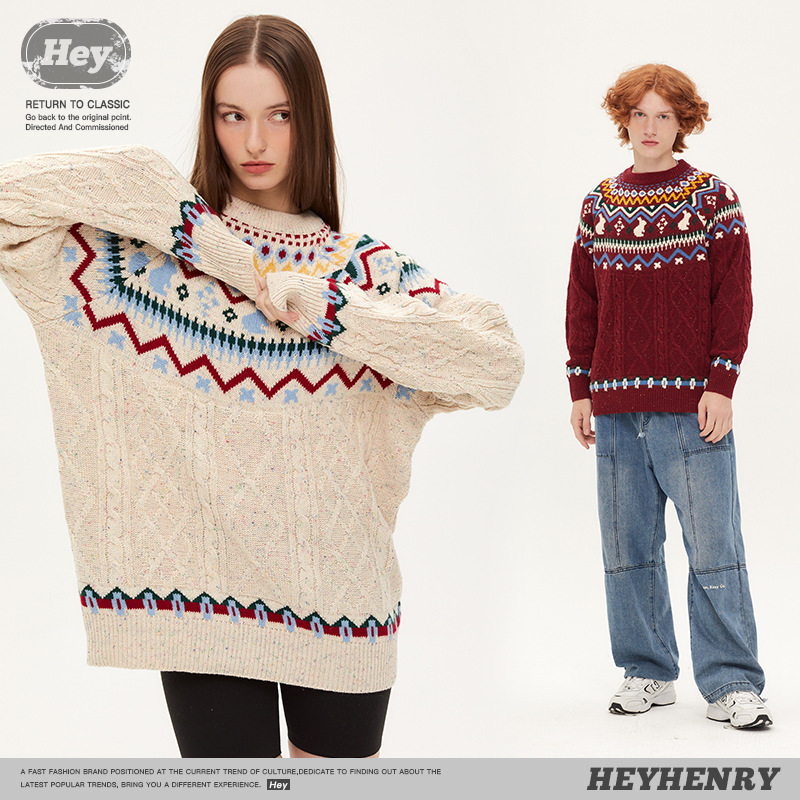 Heyhenry Fair Isle Red Festive Atmosphere Knitwear Couple Wear Casual Oversize Knitwear for Men