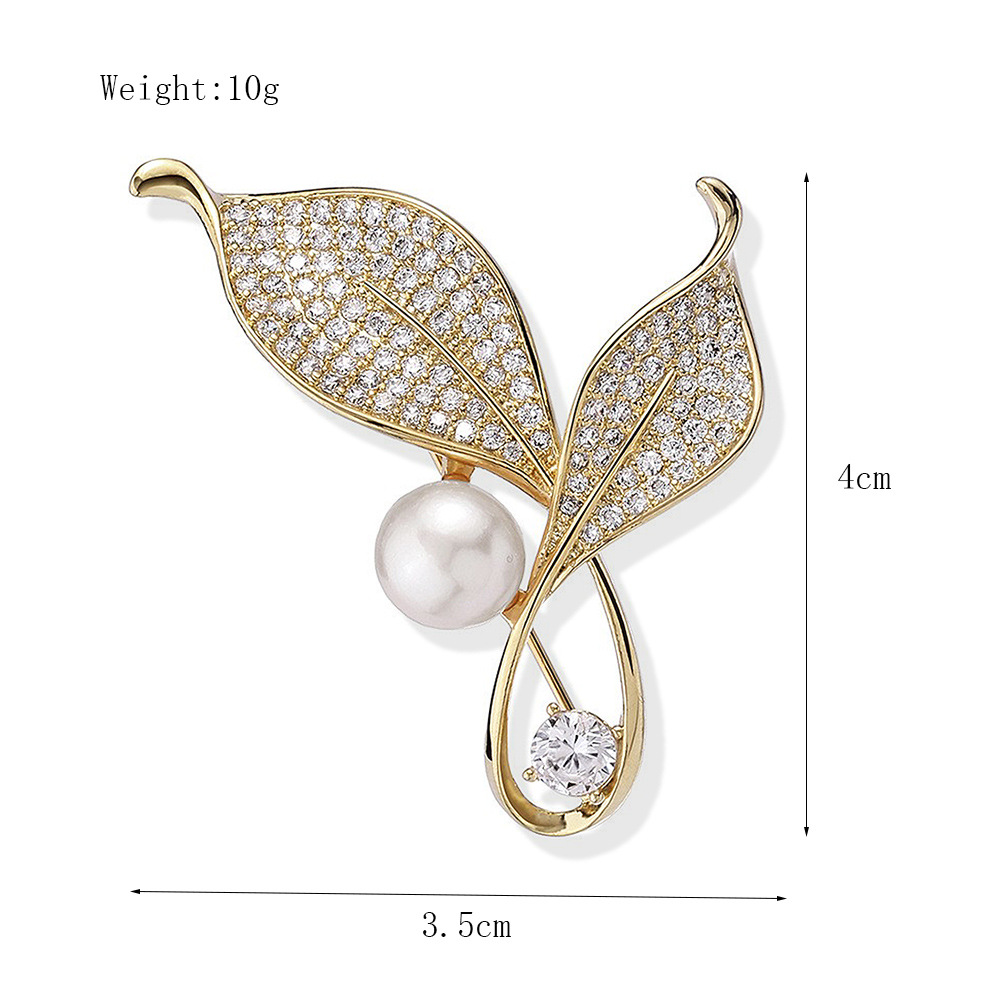 Fashion Women's Pearl Leaf Brooch Gold Rhinestone Alloy Clothing Fixed Accessories Anti Exposure Pin Collar Pin_voghion.com