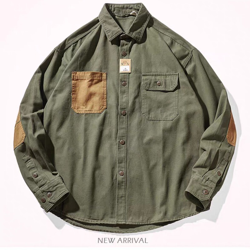 New Retro American Casual Work Shirt Men's Cardigan Jacket Contrasting Patch Trendy Brand Handsome Long-Sleeved Shirt