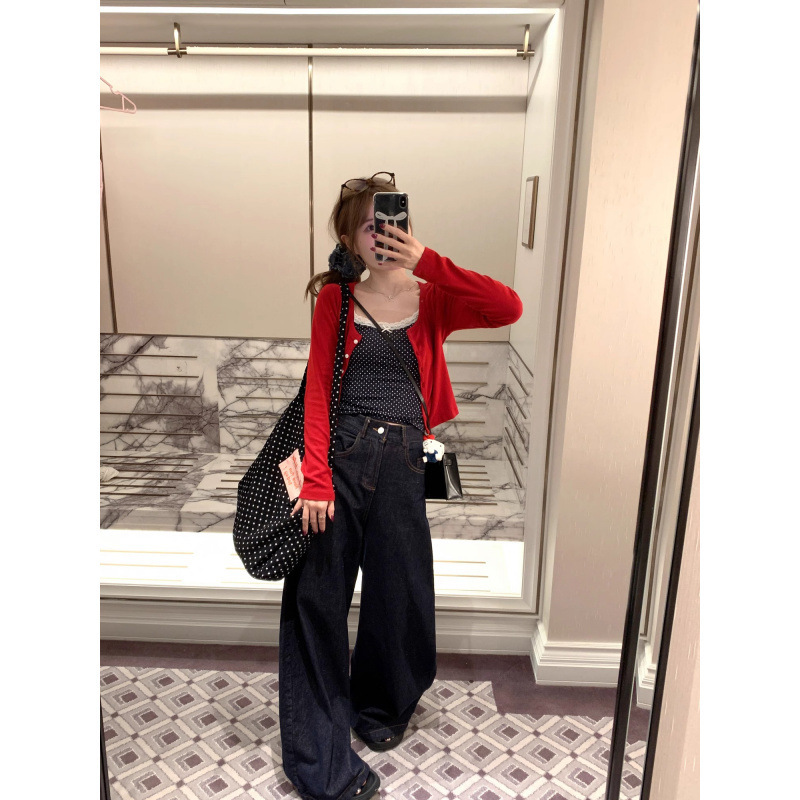 Kong Zhenfan Vintage Shop ワイドレッグジーンズ レディース 春新作 ハイウエスト レトロ ルーズパンツ|undefined