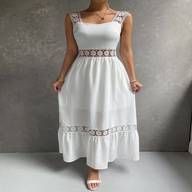 Amazon New Hollow Lace Elegant Dress Strap Stitching Slim Solid Color Sleeveless Women's Long Dress