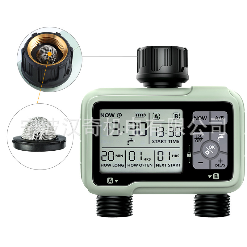 Regador automático de doble salida con pantalla grande, temporizador de doble canal, conector de metal, riego de jardín