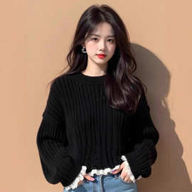 欧货重工黑色花边袖粗线毛衣女2025新款慵懒高级感小个子针织上衣