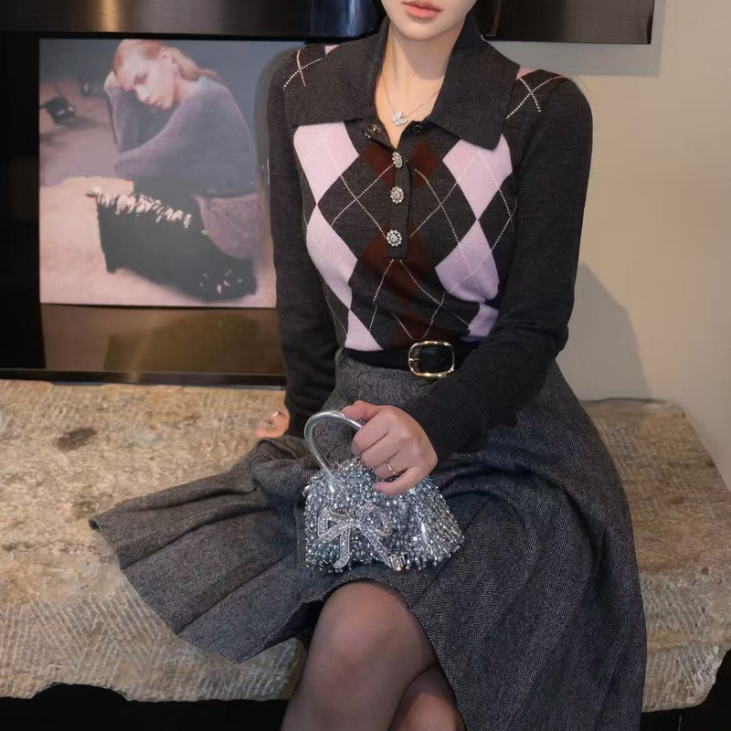 British 2026 Early Spring New Gray Mixed Color Wool Quilted Long-Sleeved Polo Shirt Preppy Style Age-Reducing Knitwear Top