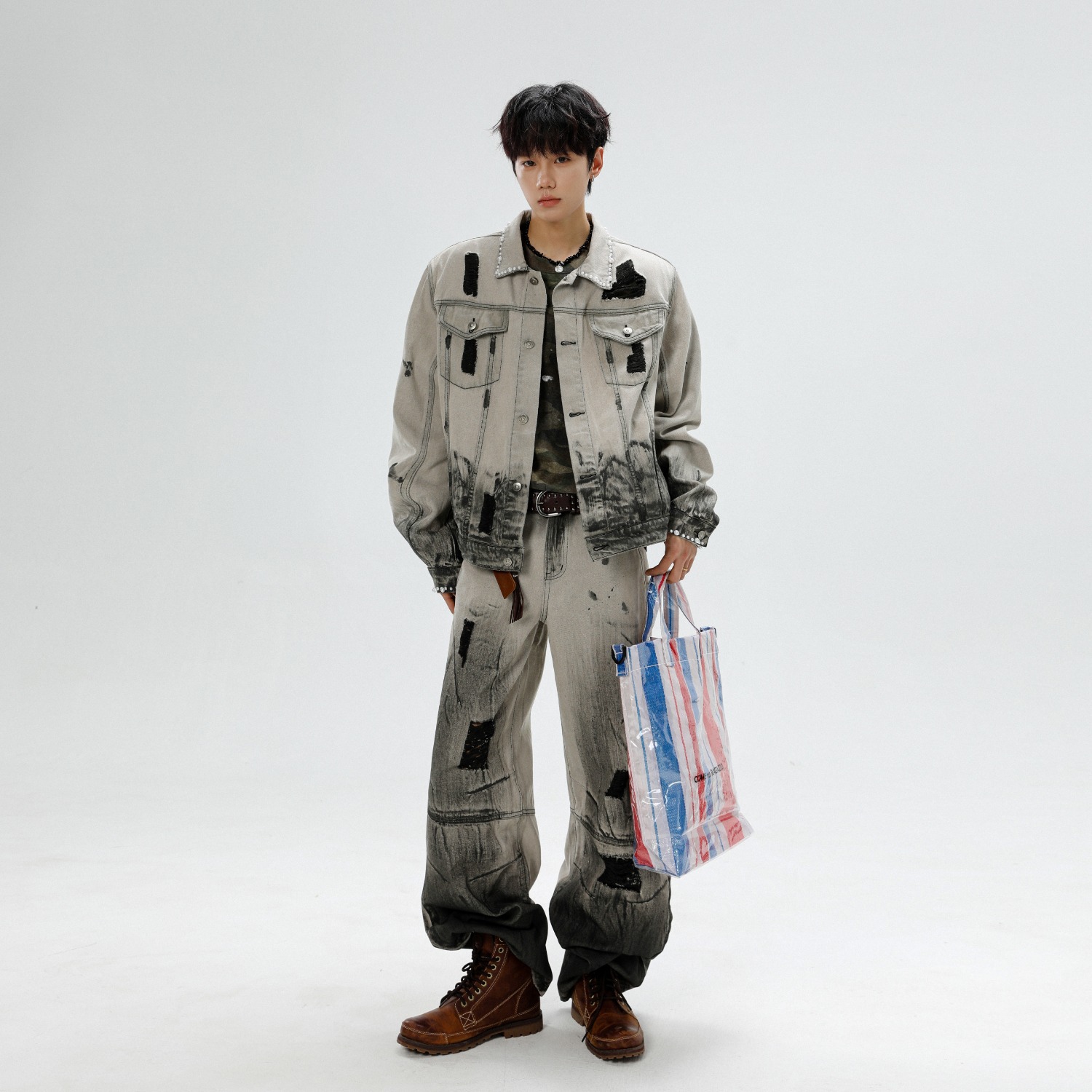 American High Street Shoulder-Padded Denim Jacket and Jeans Suit for Men and Women, Spring and Autumn Trendy Brand Couple Loose Jacket and Jeans