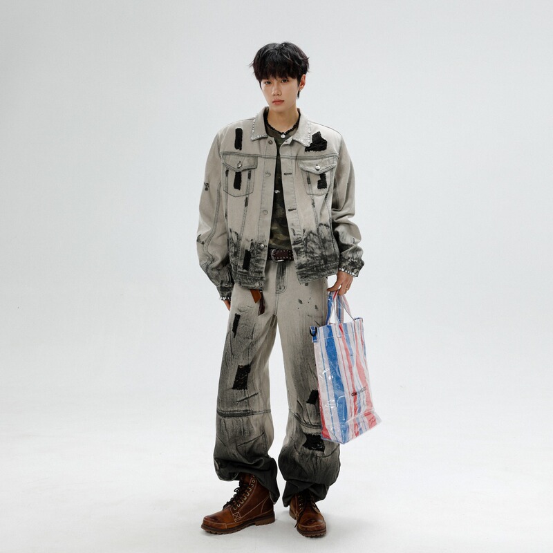 American High Street Shoulder-Padded Denim Jacket and Jeans Suit for Men and Women, Spring and Autumn Trendy Brand Couple Loose Jacket and Jeans