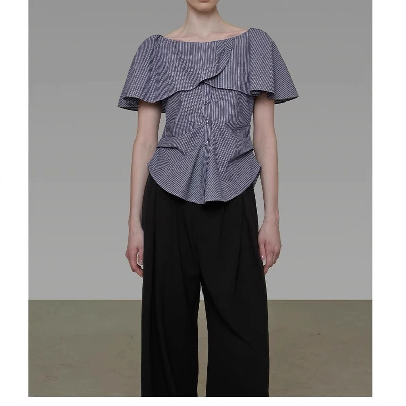 Unspoken One-Shoulder Lace Stripesd Short-Sleeved Shirt for Women 2025 Summer New Elegant Waist Slimming Look Top