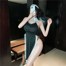 情趣内衣修女制服角色扮演性感显瘦长裙夜店高开叉情趣蕾丝连衣裙