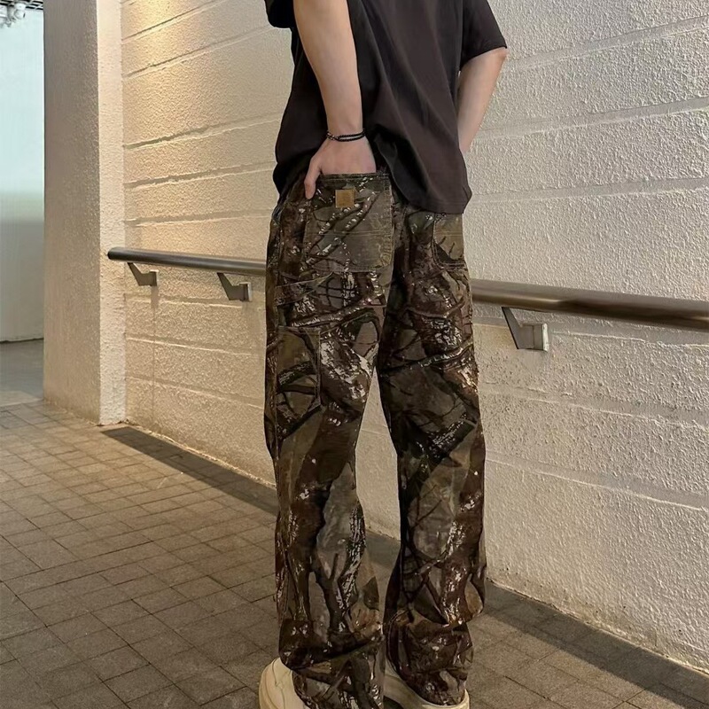 Carhartt boutique quality embroidered logo lumberjack pants, heavy washed distressed workwear trousers for couples Carhartt boutique quality embroidered logo lumberjack pants, heavy washed distressed workwear trousers for couples