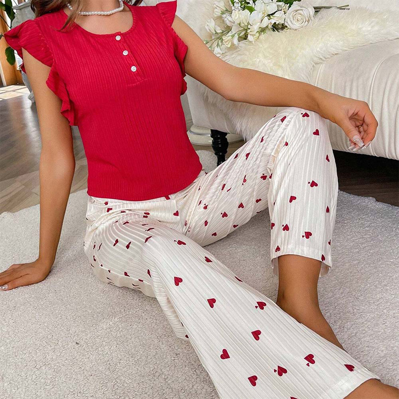 Cross-Border Women's Loungewear Heart Print Long Pants with Ruffles Casual Ribbed Suitable for Outerwear European and American Style Pajamas European and American Style