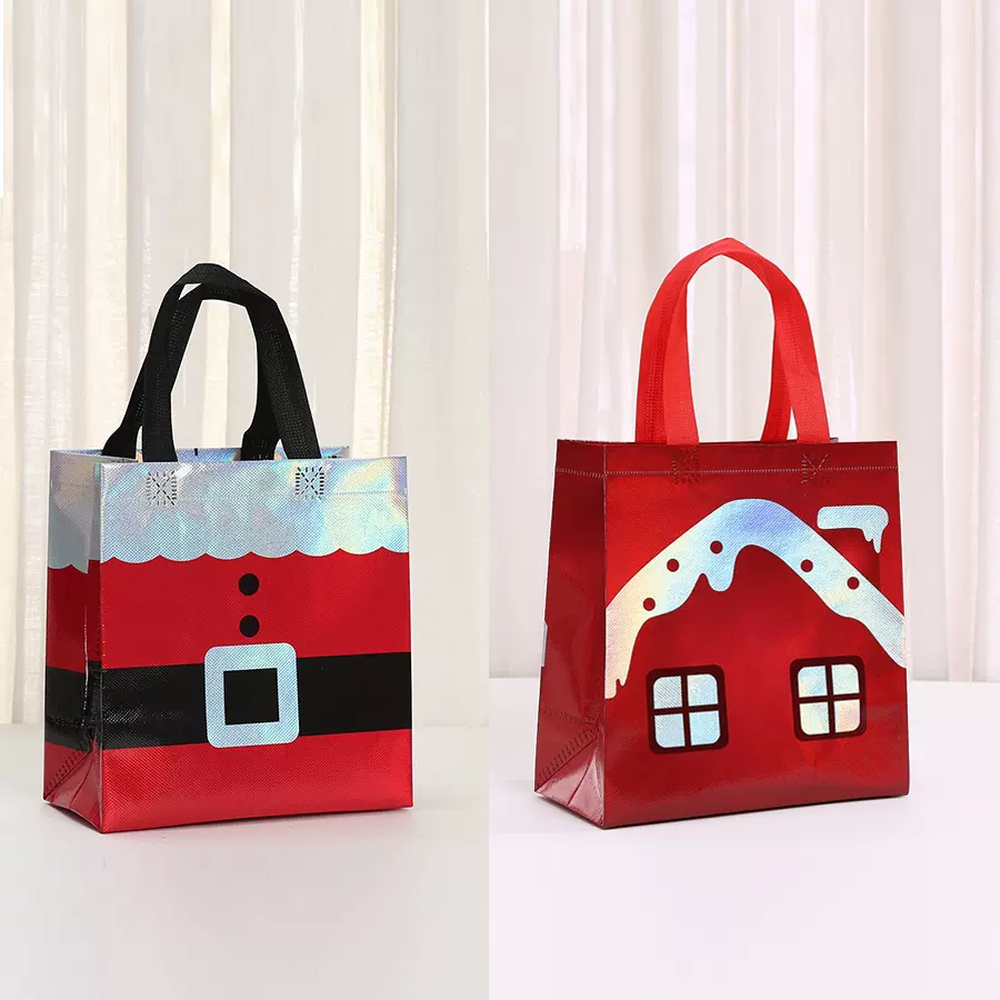 跨境圣诞老人礼物袋镭射无纺布礼品袋现货批发防水购物袋循环使用