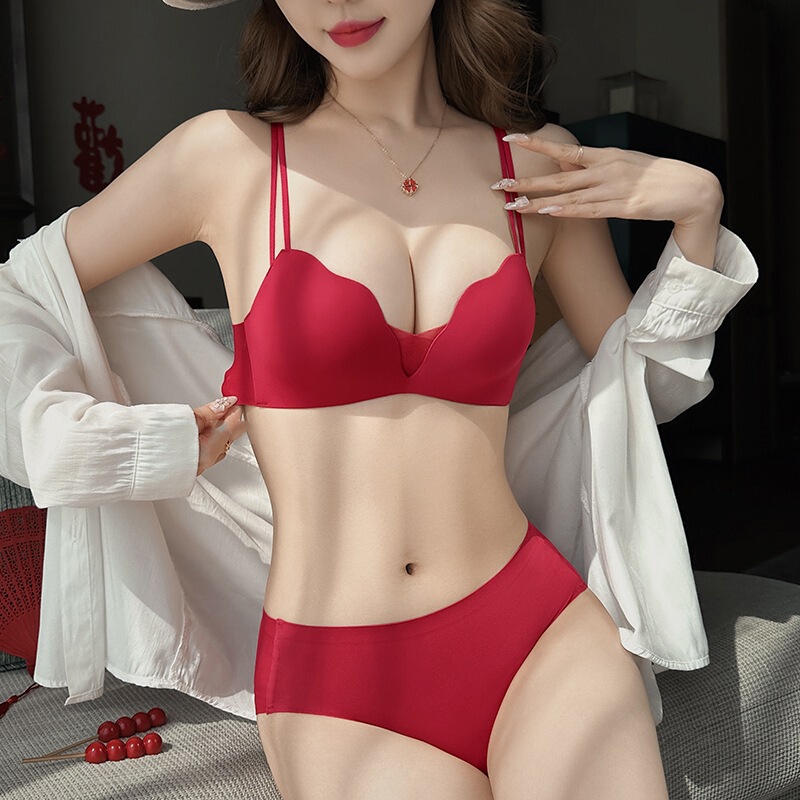 Red Underwear Women's Small Chest Gathering Benmingnian Anti-sagging Para-breasts Wedding New Year Sexy Bra Panties suit