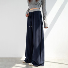 2025新款藏青色运动裤女秋季宽松垂感高腰阔腿裤小个子直筒卫裤子