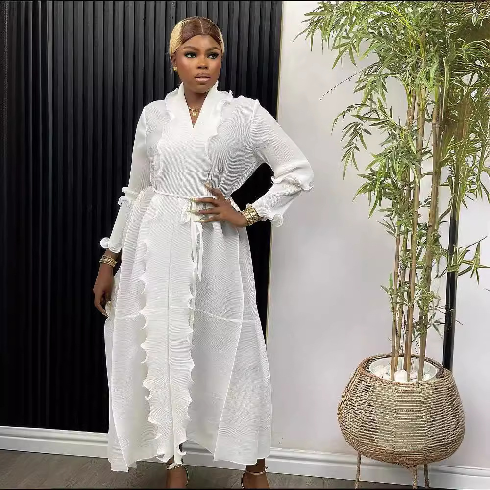 Naiste rõivad Plisseeritud V-kaelusega pitsist pikkade varrukatega moodne kleit naistele_voghion.com