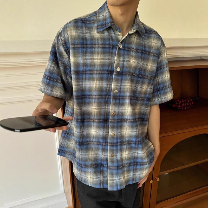 Flannel Blue Plaid Short-Sleeved Shirt Men's Summer High-End Plaid Shirt American Cleanfit Jacket Flannel Blue Plaid Short-Sleeved Shirt Men's Summer High-End Plaid Shirt American Cleanfit Jacket