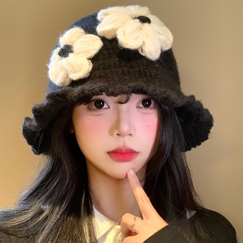 花朵针织渔夫帽女秋冬季韩版显脸小黑色水桶帽大头围保暖毛线帽子|undefined