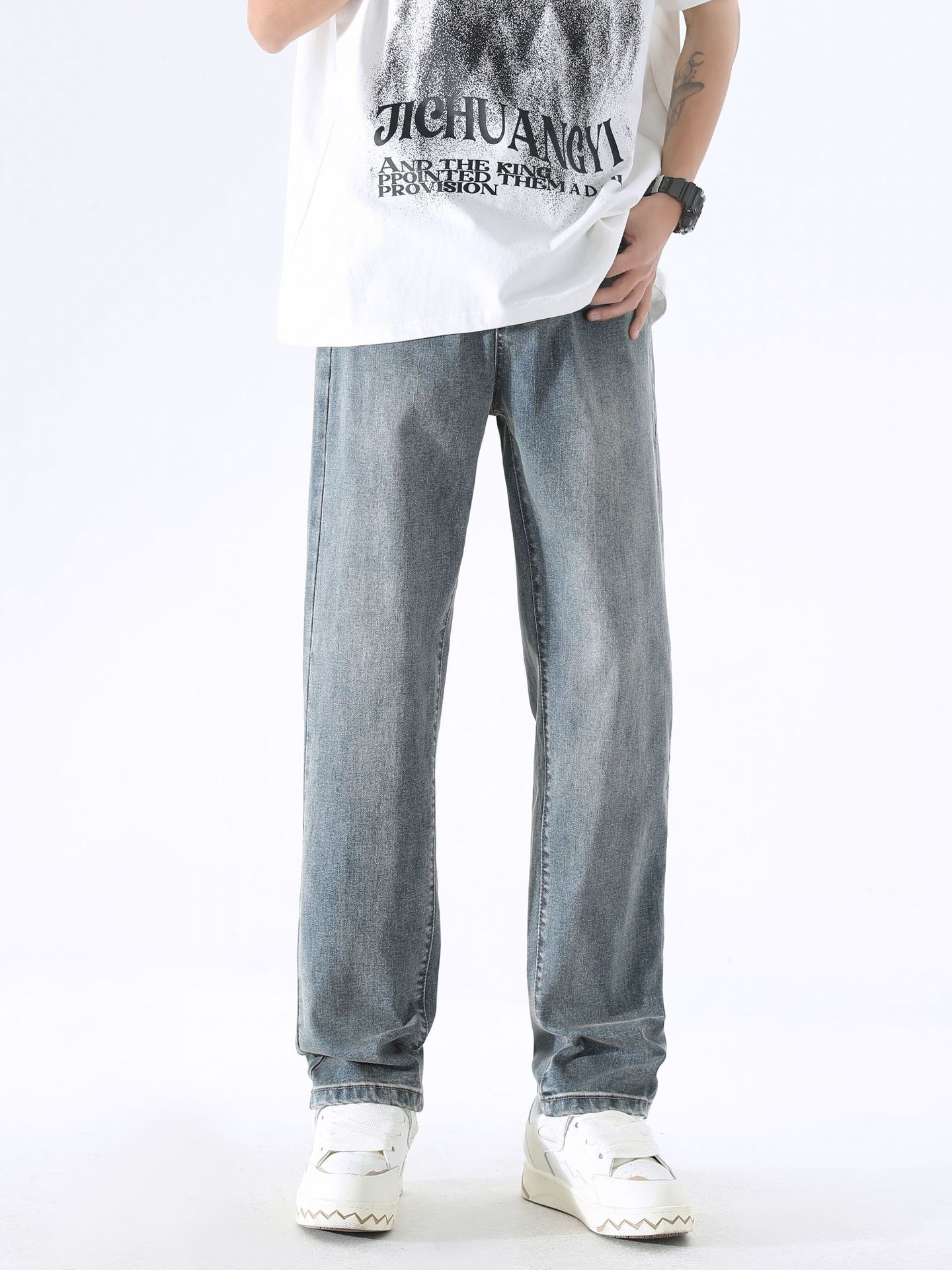 LKTM Men's Wear # Pantalones vaqueros elásticos lavados y viejos teñidos de barro amarillo para hombres, pantalones rectos de la calle principal de la marca de moda del verano para hombres