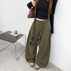 军绿色美式复古工装阔腿裤女秋季2025新款高腰系带花绳慵懒弯刀裤