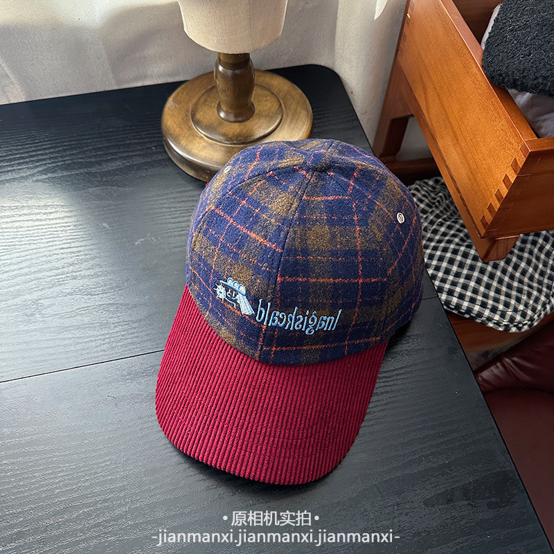 秋冬复古呢子面料格纹鸭舌帽女显脸小刺绣拼色灯芯绒格子棒球帽|undefined