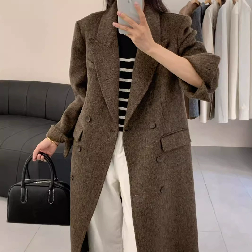 Новое шерстяное пальто 2025 года с воротником-стойкой и двойным рядом пуговиц, двустороннее, удлиненное до колена, приталенное, для женщин