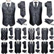 Elegant Mens's Vest Silk Black Silver Pasley Floral Dress Su