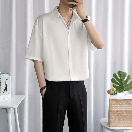 Ice Silk Short Sleeve Summer Japanese Style 2025 New Arrival Solid Color Simple Men's Loose Casual Five-Button Shirt Top Trendy