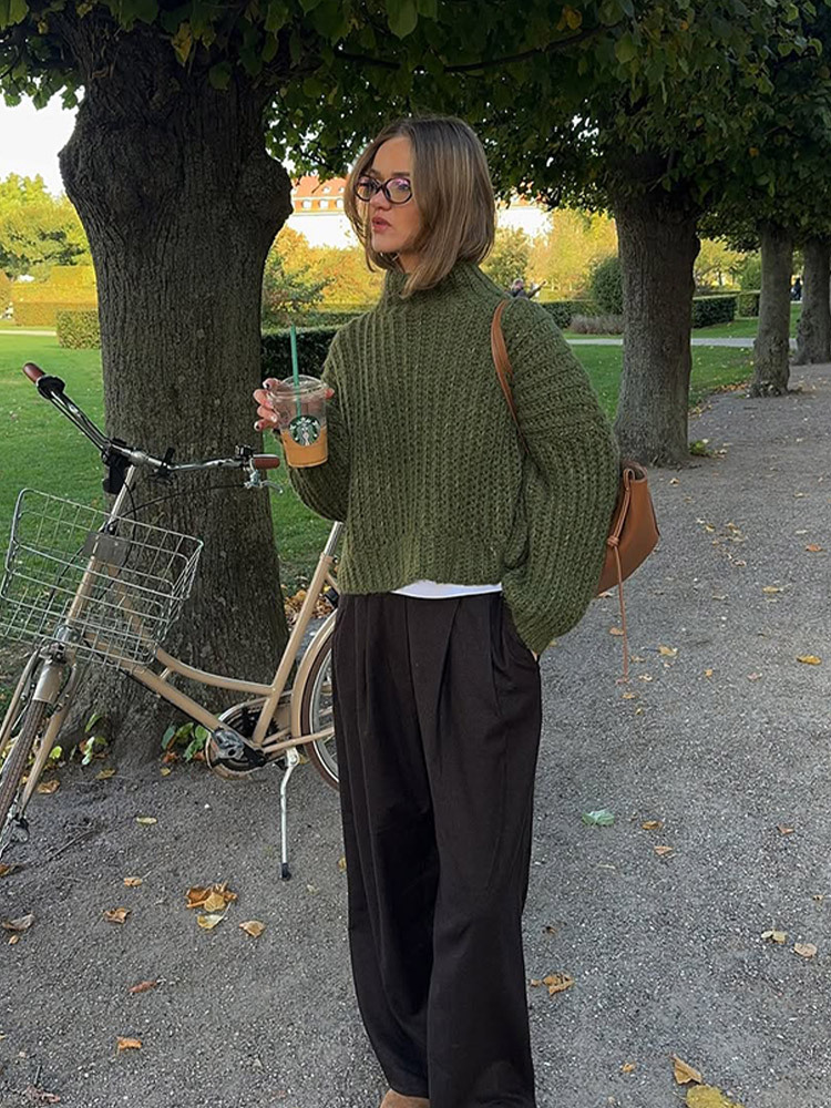 Temperamento de estilo de viaje de color sólido universal de cuello alto corto suéter de punto para mujeres 2025 otoño nuevo estilo transfronterizo europeo y americano
