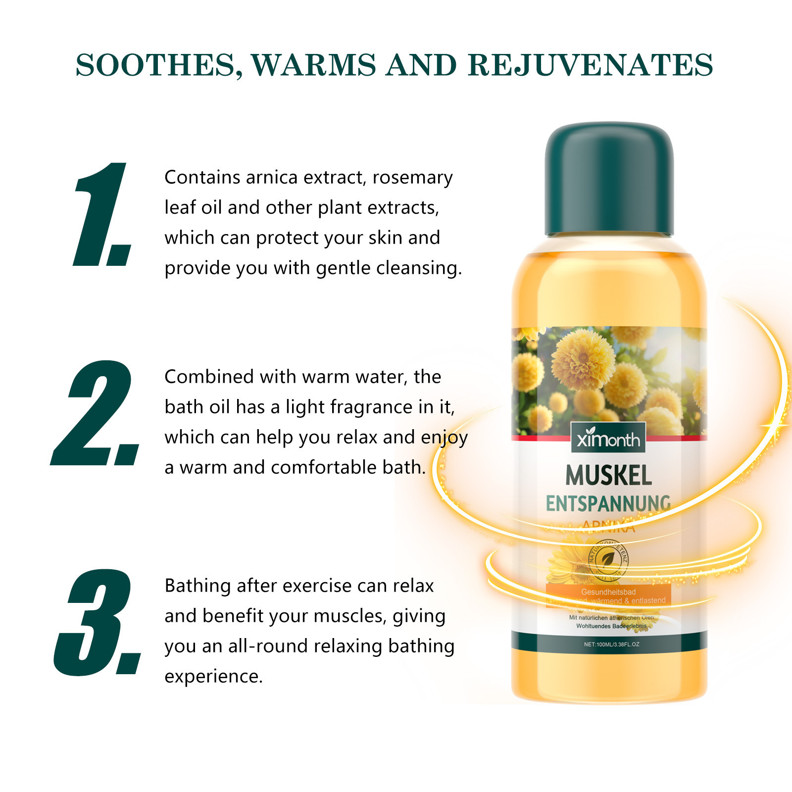 Description Picture 6 of itemMoisturizing Bath Oil Deep Nourishing Gentle Cleansing Anti Drying Smoothing Brightening Relieve Fatigue Soothing Body Bath Oil